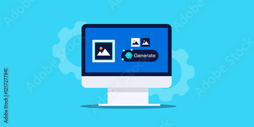 AI image creator app on computer screen, prompt-based image content generation technology concept.