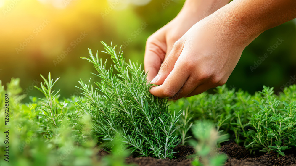 Fototapeta premium Hands Gently Harvesting Fresh Herbs in a Lush Garden During Sunlit Daylight Hours