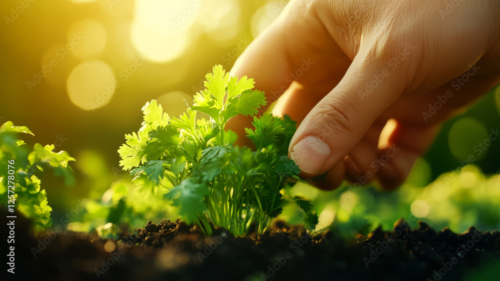 Fototapeta premium Hand Gently Picking Fresh Green Cilantro Plant from Soil in a Vibrant Garden Setting