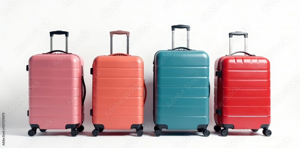 Four stylish suitcases, various sizes, white backdrop , bags, holiday, modern Four stylish suitcases, various sizes, white backdrop , bags, holiday, modern