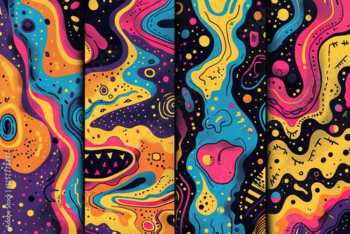 Abstract psychedelic tie dye illustration set with colorful LSD trippy shapes in retro art style. 60s hippie or trendy concept poster background design. photo