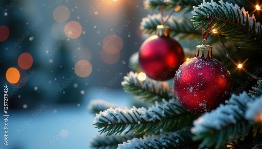 Shiny red baubles and twinkling lights on frosted fir, sparkly background, holiday background Shiny red baubles and twinkling lights on frosted fir, sparkly background, holiday background