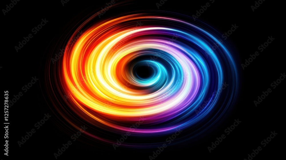 Colorful luminous swirl against a black background is depicted Colorful luminous swirl against a black background is depicted