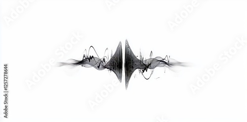 Illustration of isolated sound waves on a white background as abstract wireframes, visualizing frequency signals and audio wavelengths, set against a futuristic technology waveform backdrop with