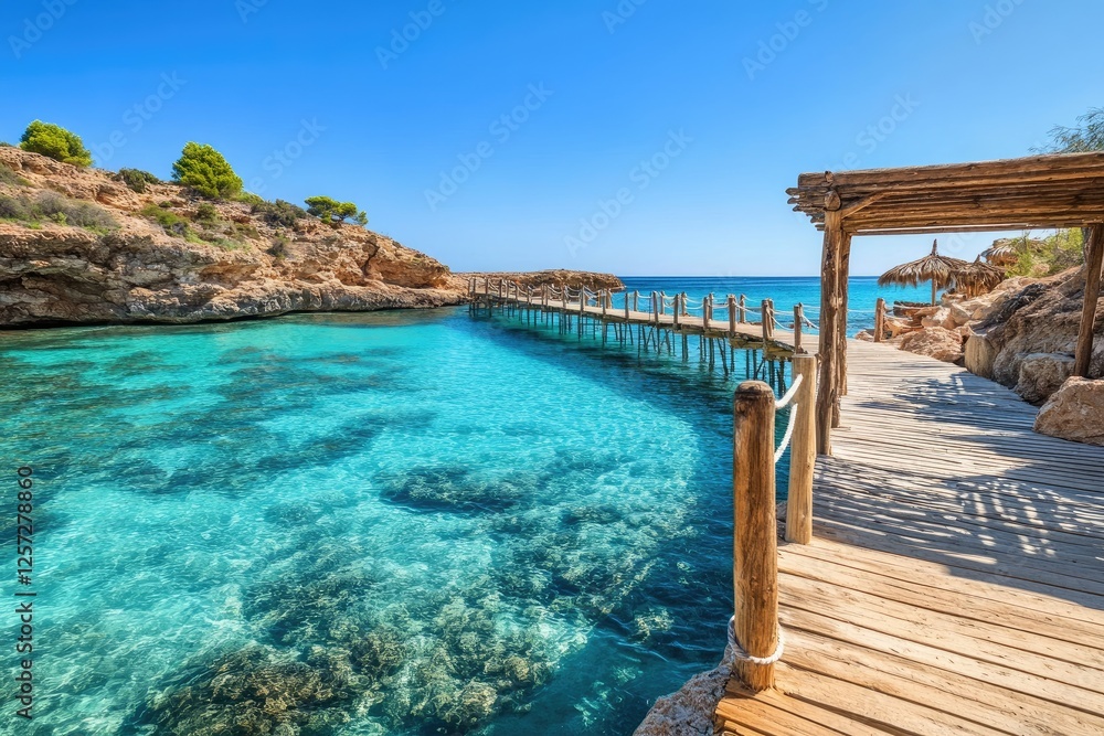 Wooden pier, turquoise cove, beach, Mediterranean, summer, vacation, travel, paradise, clear water, sun Wooden pier, turquoise cove, beach, Mediterranean, summer, vacation, travel, paradise, clear water, sun