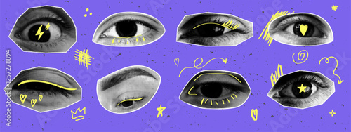 Halftone eyes with naive doodle elements. Paper cutout elements. Modern vector illustration.