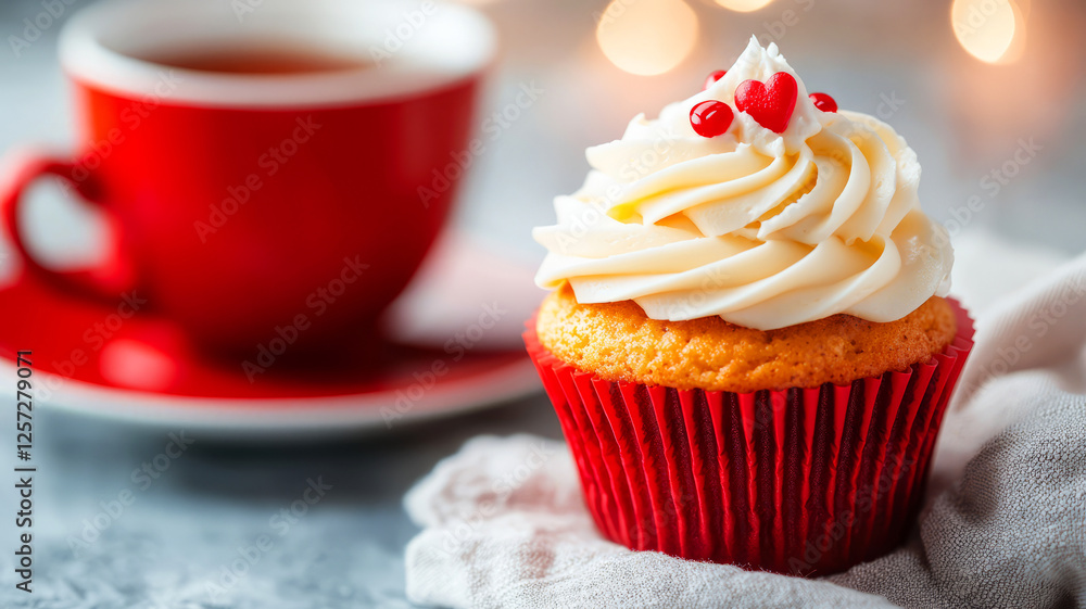 Delicious Red Velvet Cupcake with Creamy Frosting Next to a Warm Cup of Tea Delicious Red Velvet Cupcake with Creamy Frosting Next to a Warm Cup of Tea
