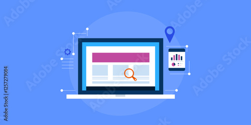 Website SEO analytics data on mobile screen, website page on laptop with magnifier, business technology concept.