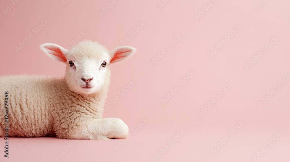 Adorable lamb rests peacefully against a light pink background Adorable lamb rests peacefully against a light pink background