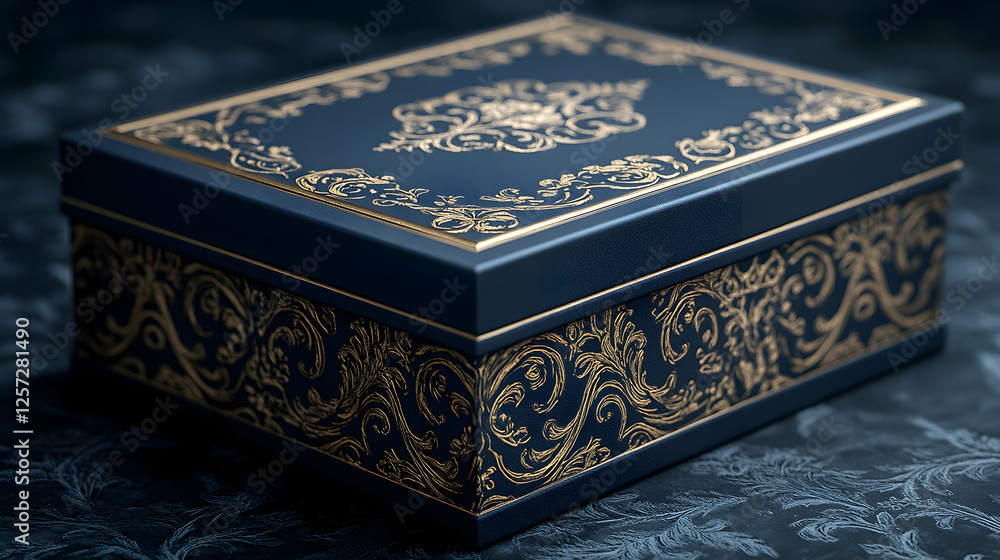 Fototapeta premium 3D Illustration Ornate Blue Gold Gift Box Luxury Design Packaging