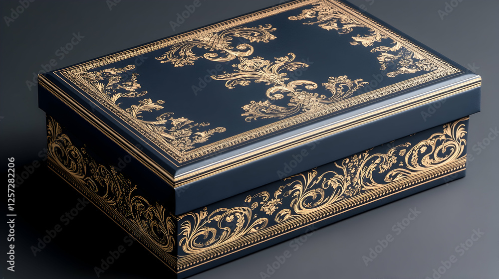 Fototapeta premium Photo: Elegant Dark Blue Gift Box with Gold Floral Design