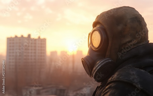 Radiant Ruins: The person wearing a gas mask is positioned at the edge of a devastated city, with a bright