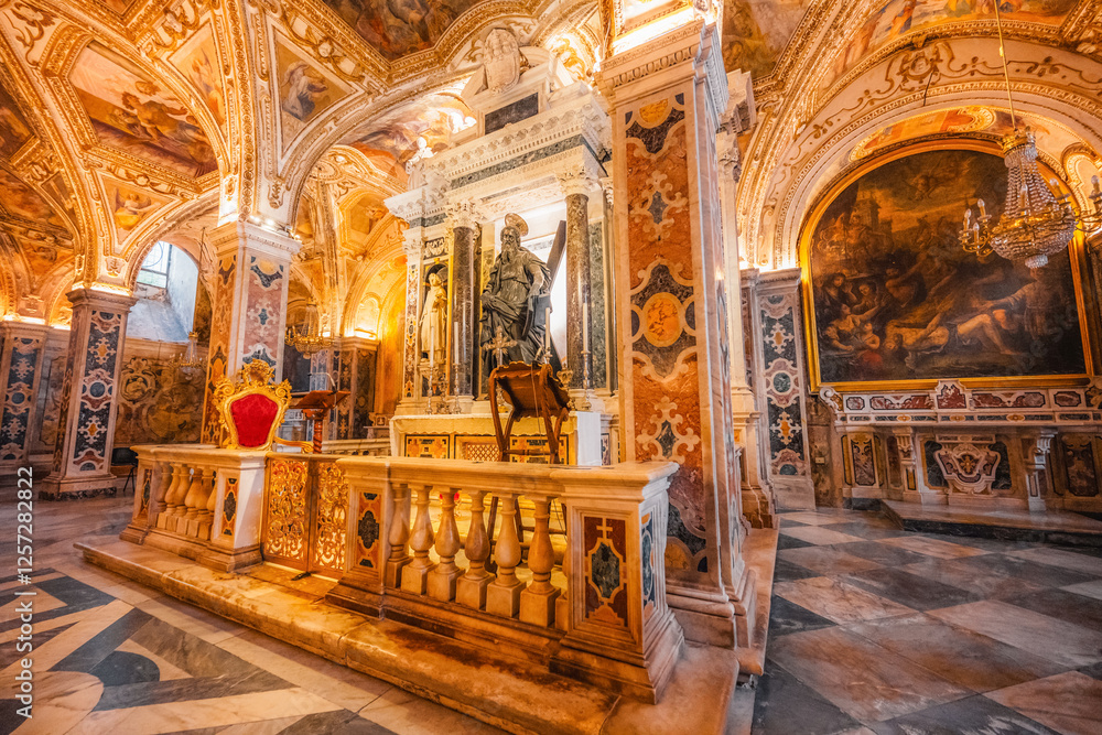 Obraz premium Amalfi Cathedral bell tower in Amalfi coast in Italy. The church of the Apostle Saint Andrew in the Piazza del Duomo in amalfi city