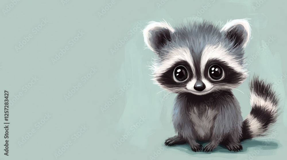 Cartoon raccoon sits and faces forward with adorable big eyes Cartoon raccoon sits and faces forward with adorable big eyes