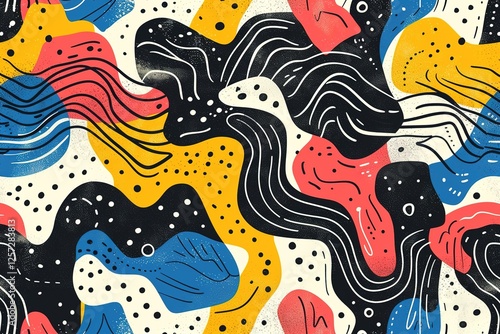 Colorful abstract doodle shape seamless pattern. Creative minimalist style art background, trendy design with basic shapes. Modern color backdrop.
