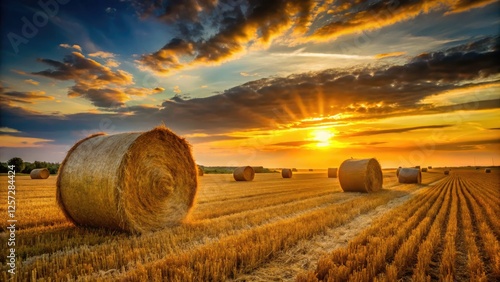 Dramatic hay bale silhouettes against a vibrant sunset, perfect rural landscape PNG background.