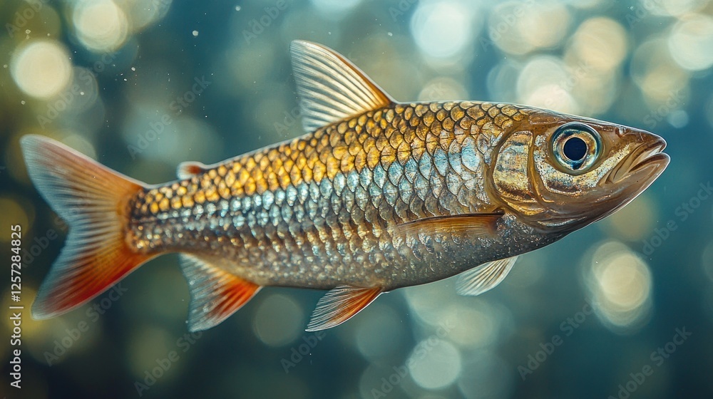 Close-up of a golden fish swimming in water. Close-up of a golden fish swimming in water.