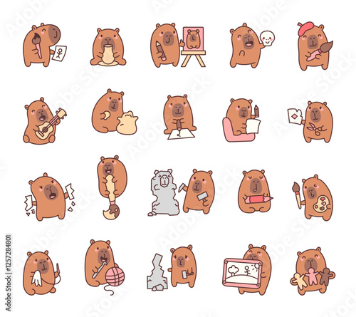 Adorable capybara set of cute kawaii cartoon characters showing various activities with tools, emotions, and creative poses like painting, knitting, sculpting, and playing music