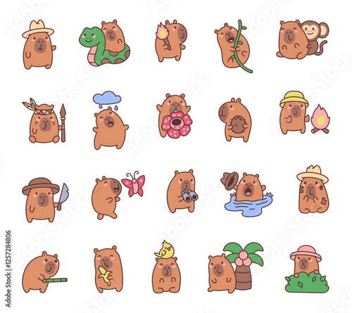 Adorable set of capybara characters exploring jungle life with charming expressions, engaging adventures, funny poses, and creative elements in a delightful kawaii cartoon illustration style