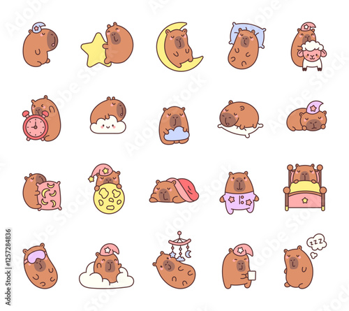 Adorable capybara sleep set showcasing cozy bedtime moments with nightcap, pillow, moon, blanket, and other relaxing cartoon characters enjoying peaceful dreams.