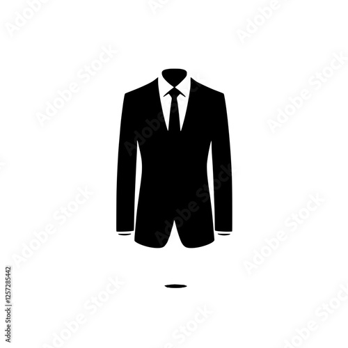 Formal Attire Icon: A minimalist black and white icon depicting a formal suit with a tie, symbolizing professionalism, sophistication, and business attire. 