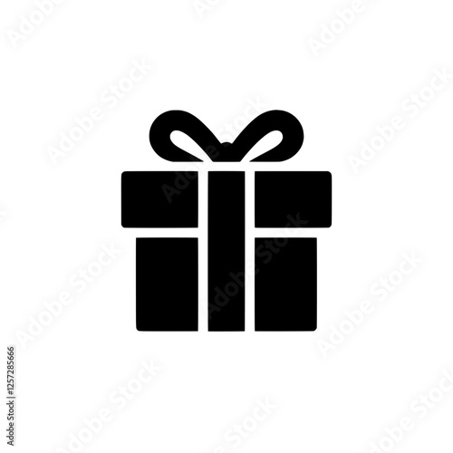 Gift Box Icon: A minimalist, solid black icon of a gift box with a ribbon, perfect for web design, app interfaces, and social media. It conveys celebration, surprise, and gifting. 