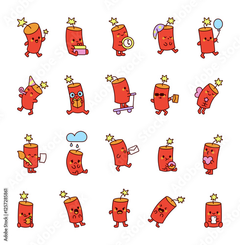 Dynamite cute kawaii cartoon character set showcasing fun emotions and actions, including celebrating with a party hat, reading a book, riding a scooter, sleeping with a nightcap, and more.