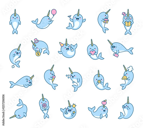 Narwhal character set with adorable cartoon emotions and fun activities, featuring business, celebration, magic, reading, gifts, heartwarming moments