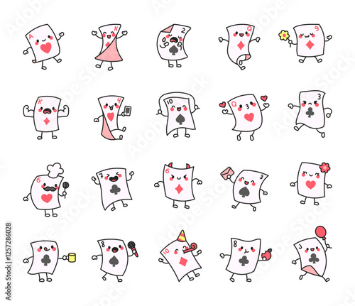 Adorable playing card set with cute kawaii characters showing different emotions, accessories, and activities in a fun cartoon style for games, decoration
