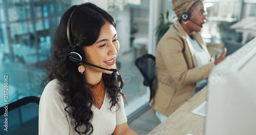 Konstfotografi Call center, telemarketing and smile with woman in office for flight booking, customer support and itinerary planning