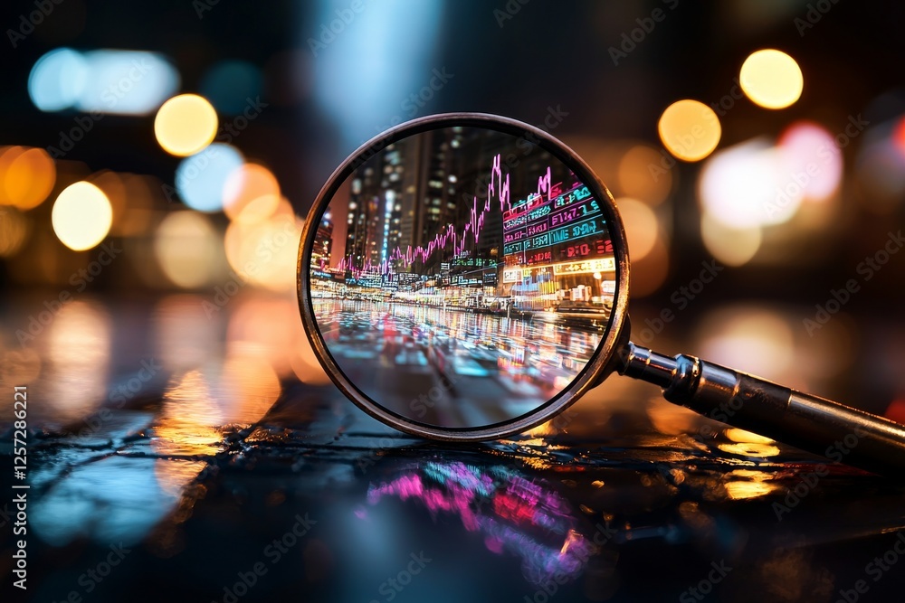Data analysis, SEO, magnifier, charts, graphs, ultraviolet and neon screen, AI generative Data analysis, SEO, magnifier, charts, graphs, ultraviolet and neon screen, AI generative