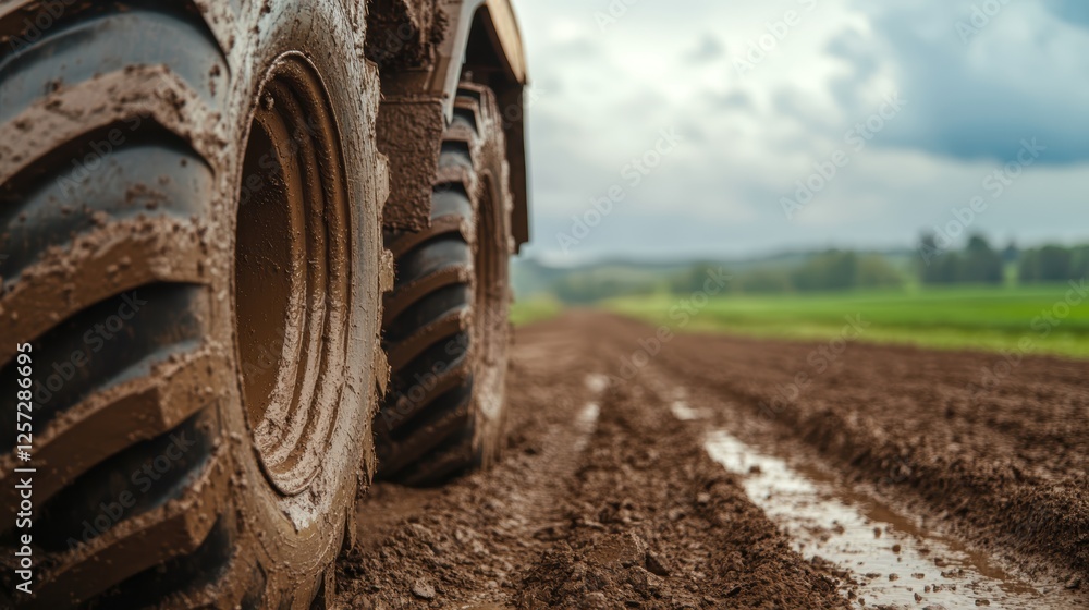 A close-up of muddy tractor tires on a farm road, showcasing the rugged texture and agricultural setting under a cloudy sky. A close-up of muddy tractor tires on a farm road, showcasing the rugged texture and agricultural setting under a cloudy sky.