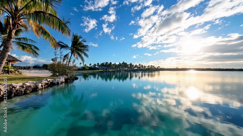 Turquoise waters lap a white sand beach, palm trees line the shore, tropical paradise concept, for travel, holiday, horizontal video Turquoise waters lap a white sand beach, palm trees line the shore, tropical paradise concept, for travel, holiday, horizontal video