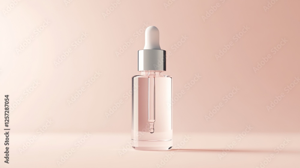 Elegant clear glass dropper bottle against a gradient pink background Elegant clear glass dropper bottle against a gradient pink background