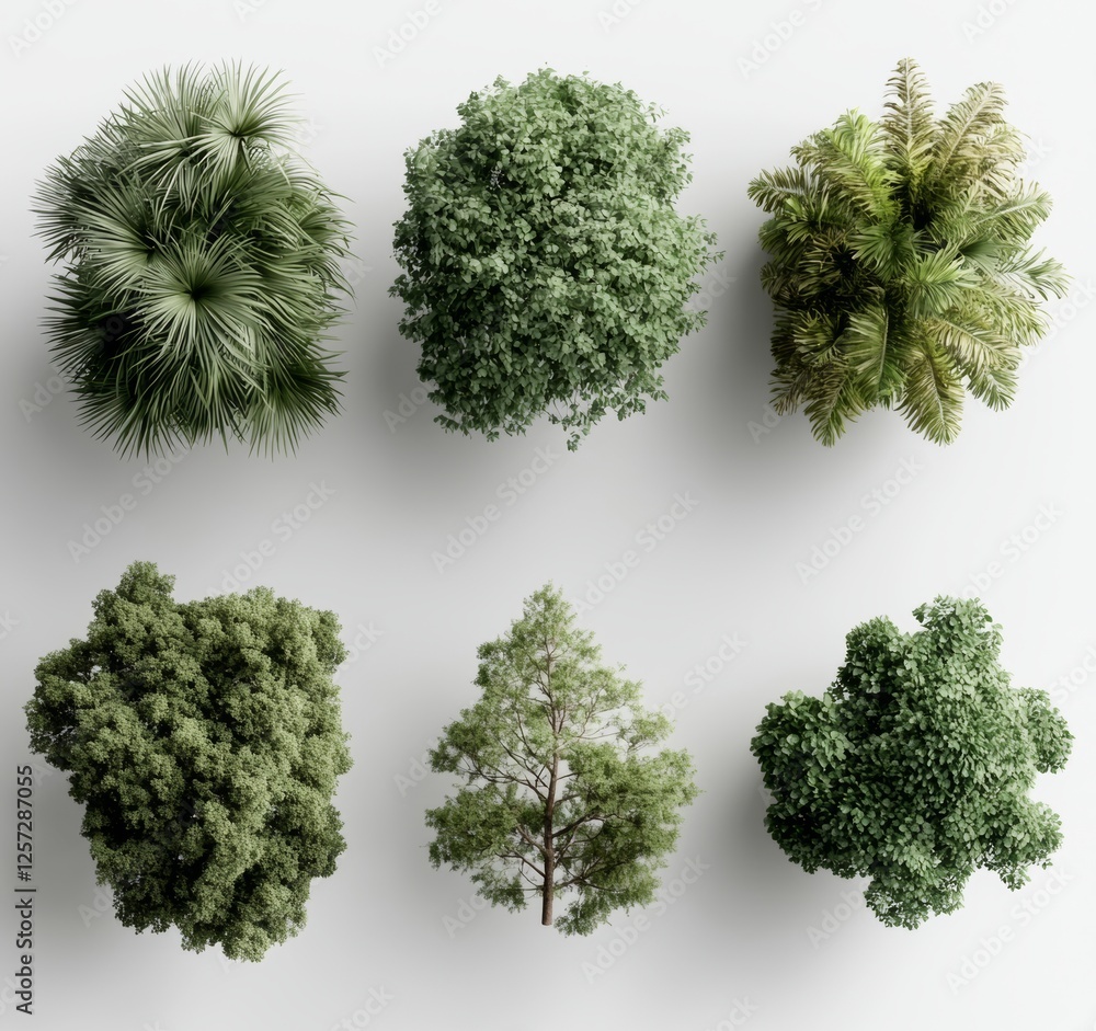 Obraz premium A set of trees depicted from a top-down perspective, 3D illustration suitable for digital compositions, illustration, 2D plans, and architecture visualization