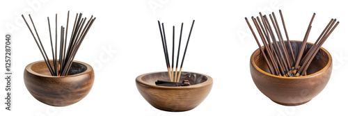 Set of Close-up of agarbatti incense sticks burning gently in a ceramic holder, with soft smoke rising in a warm, rustic Indian temple setting on transparent png background. Ai generated