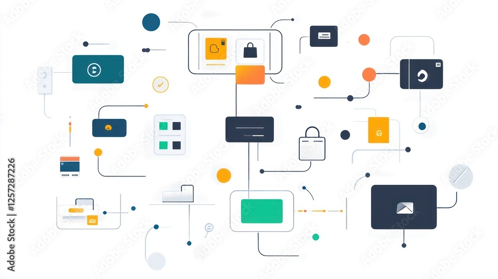 Abstract representation of a connected system with various icons Abstract representation of a connected system with various icons