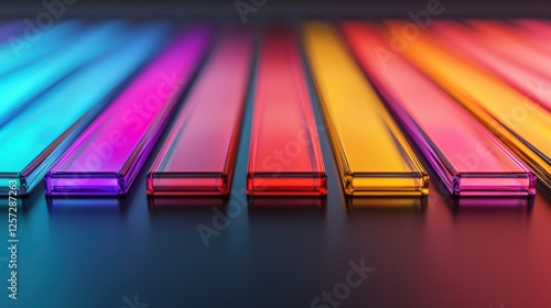A vibrant array of colored glass strips arranged horizontally, showcasing a spectrum of hues from blue to orange on a dark background.