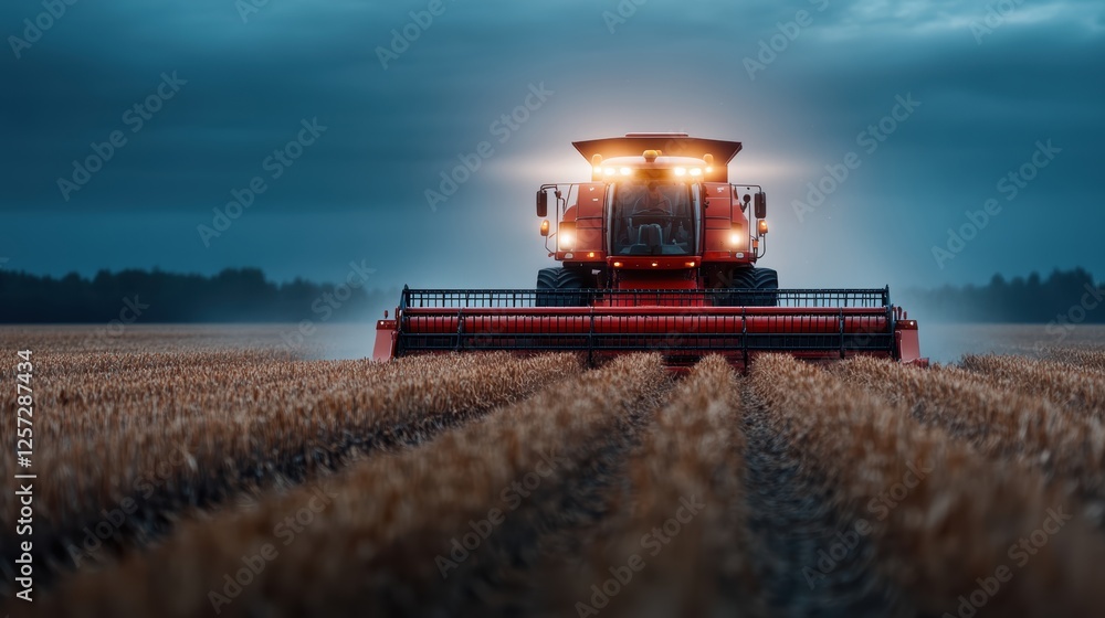 Fototapeta premium A combine harvester in a field at dusk, illuminated by its headlights, ready for harvest under a moody sky.
