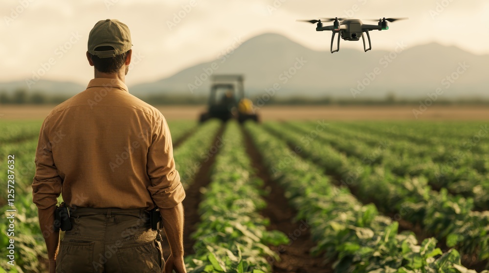 A farmer observes a drone flying above a field while a tractor works in the background, showcasing modern agricultural technology. A farmer observes a drone flying above a field while a tractor works in the background, showcasing modern agricultural technology.