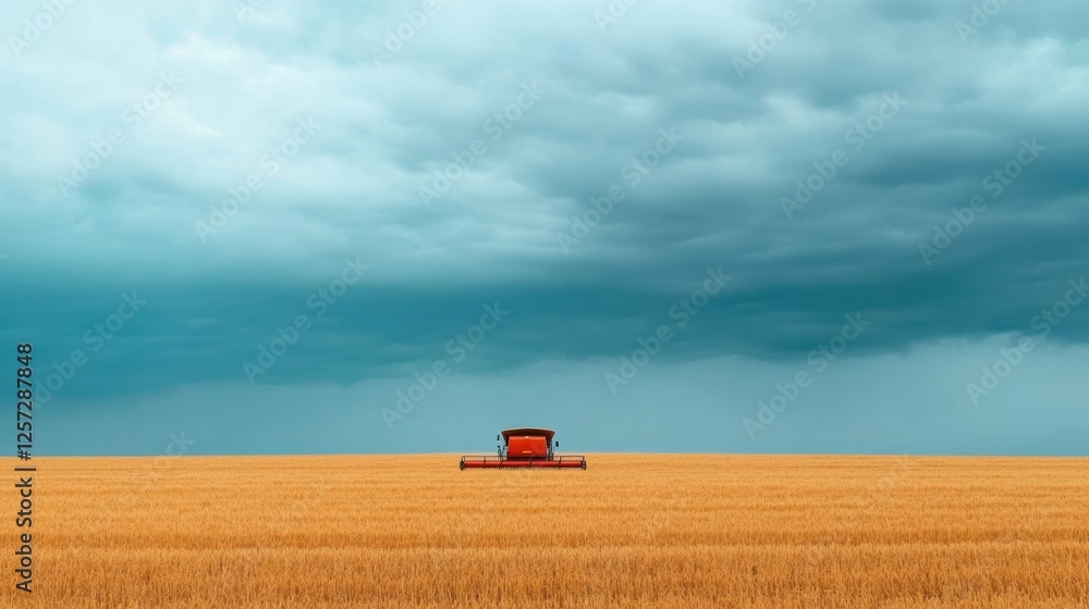 A solitary combine harvester stands in a vast golden field under a moody sky, showcasing a picturesque rural landscape. A solitary combine harvester stands in a vast golden field under a moody sky, showcasing a picturesque rural landscape.