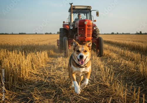 Happy dog running in wheat field with red tractor during sunset harvest photo