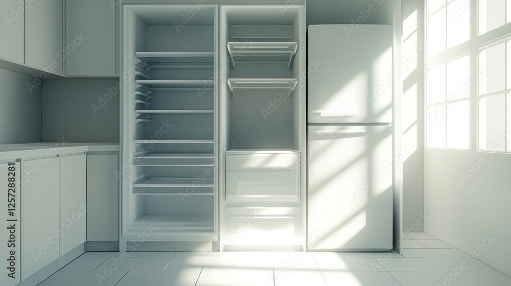 Obraz premium Empty modern kitchen refrigerator sunlight interior design