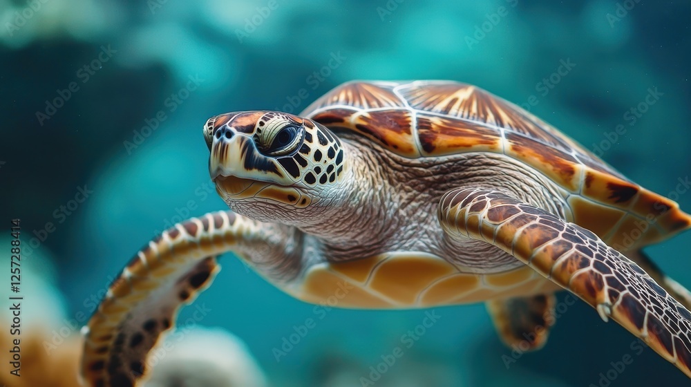 Fototapeta premium A beautiful sea turtle gliding gracefully through the vibrant underwater world, showcasing its intricate shell patterns and serene presence.