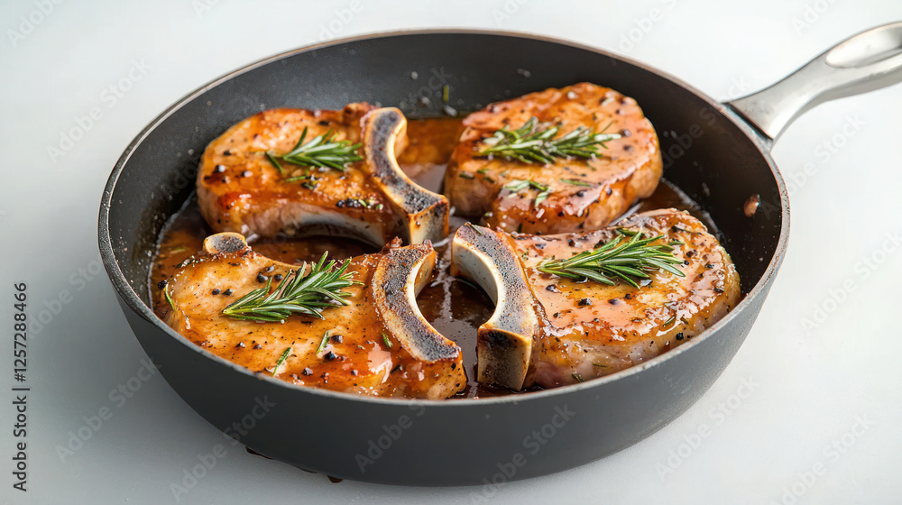 Four Brown Roasted Pork Chops in Frying Pan Four Brown Roasted Pork Chops in Frying Pan