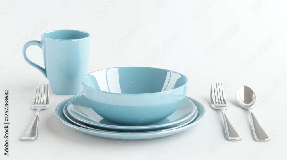 Light blue bowl, plate, mug, fork, spoon setting Light blue bowl, plate, mug, fork, spoon setting