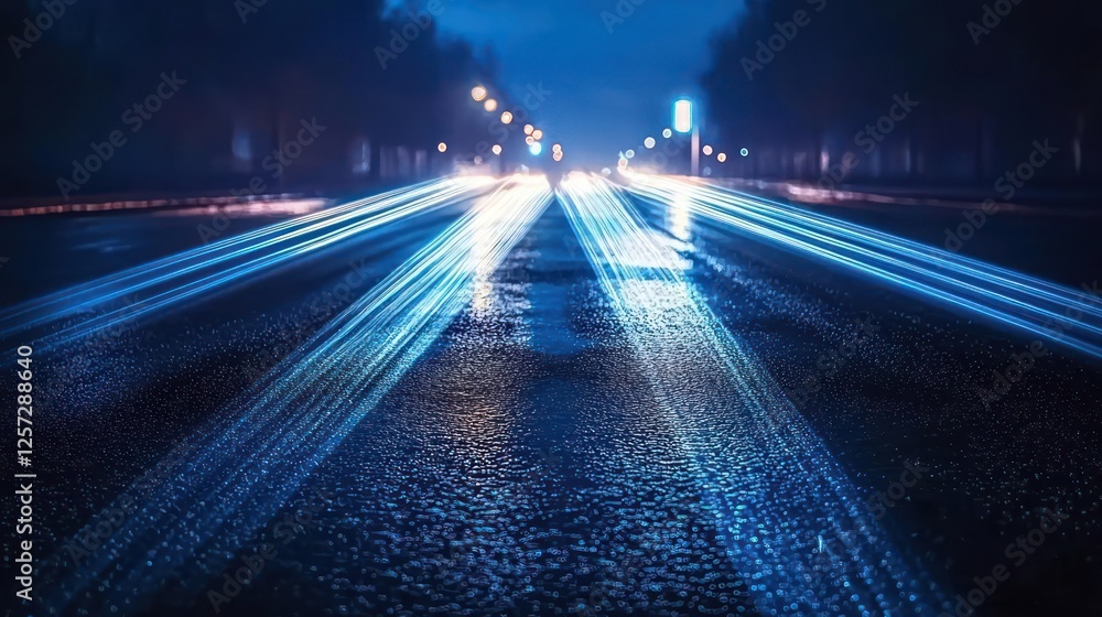 Night Road With Wet Pavement And Light Trails Night Road With Wet Pavement And Light Trails