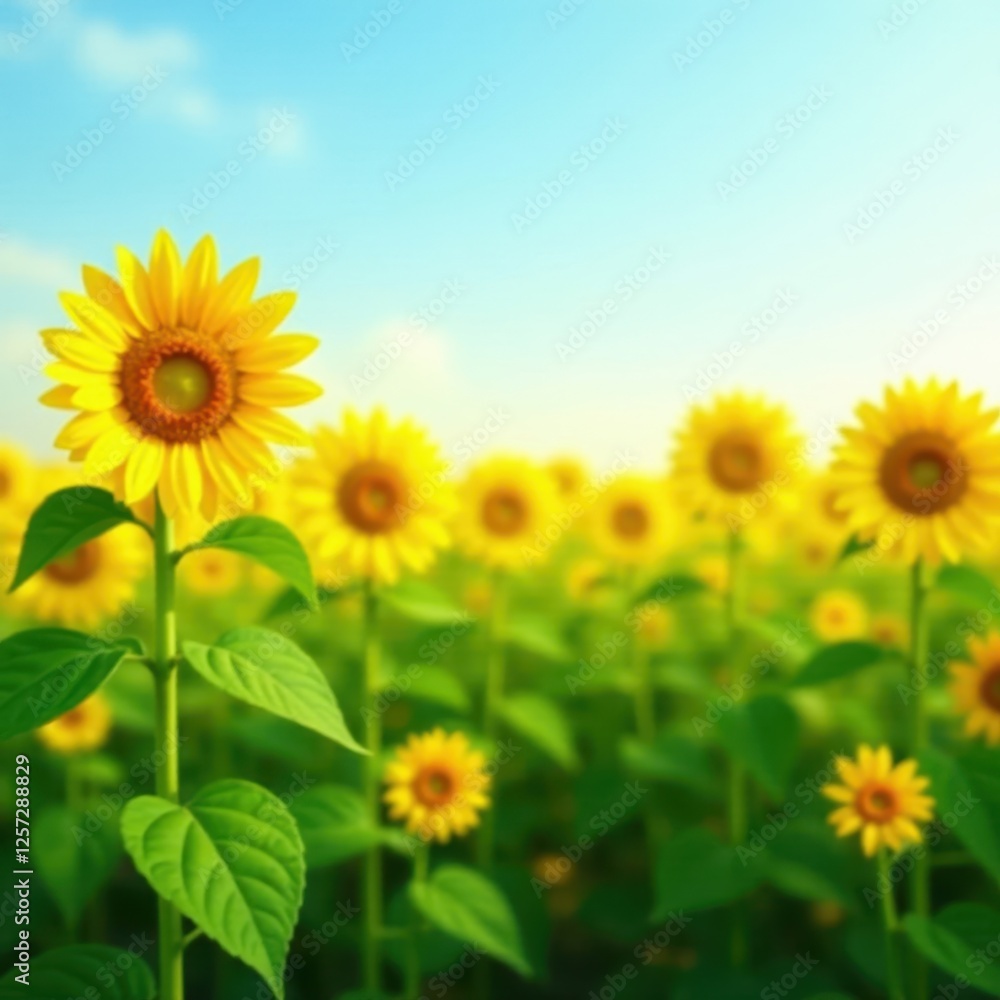 sunflowers standing upright in a field of varying heights, landscape, sun sunflowers standing upright in a field of varying heights, landscape, sun