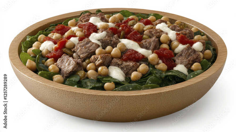 delicious salad featuring spinach, chickpeas, beef, and tomatoes, topped with creamy dressing. Perfect for healthy meal delicious salad featuring spinach, chickpeas, beef, and tomatoes, topped with creamy dressing. Perfect for healthy meal