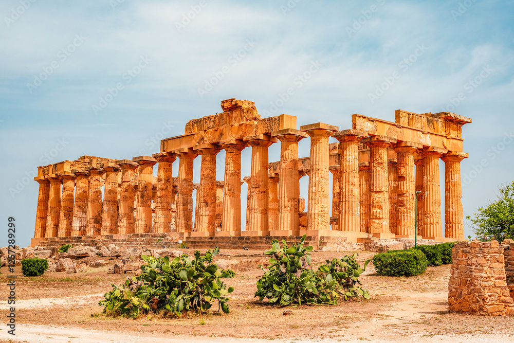 Fototapeta premium Greek temples at Selinunte of Temple of Hera Temple E with ruins of Greek columns in Selinunte Archaeological Park Sicily Italy